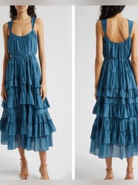 Cinq a Sept Kandra Blue Ruffle Tiered Cotton & Silk Blend Dress Size0 $525